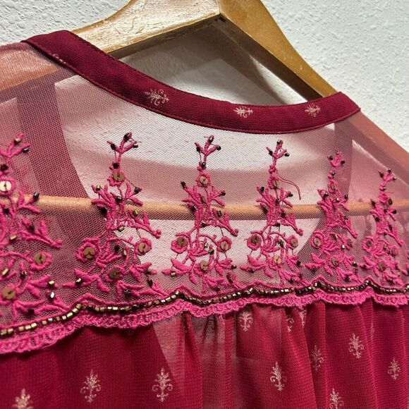 Bila Burgundy Chiffon Beaded Semi Sheer V-Neck Peasant Top Women's Size XXL - Picture 10 of 16